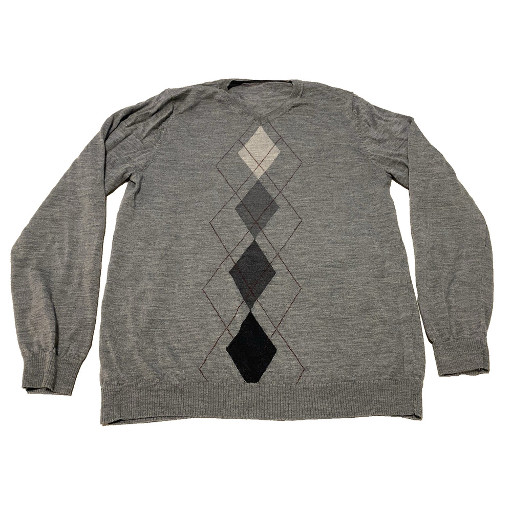 Sonoma Merino Wool Argyle Womens Sweater Size Large Gray Preppy Office Academia